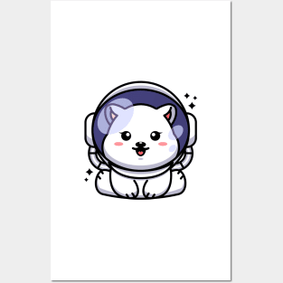 Cute baby polar bear wearing an astronaut helmet, cartoon character Posters and Art